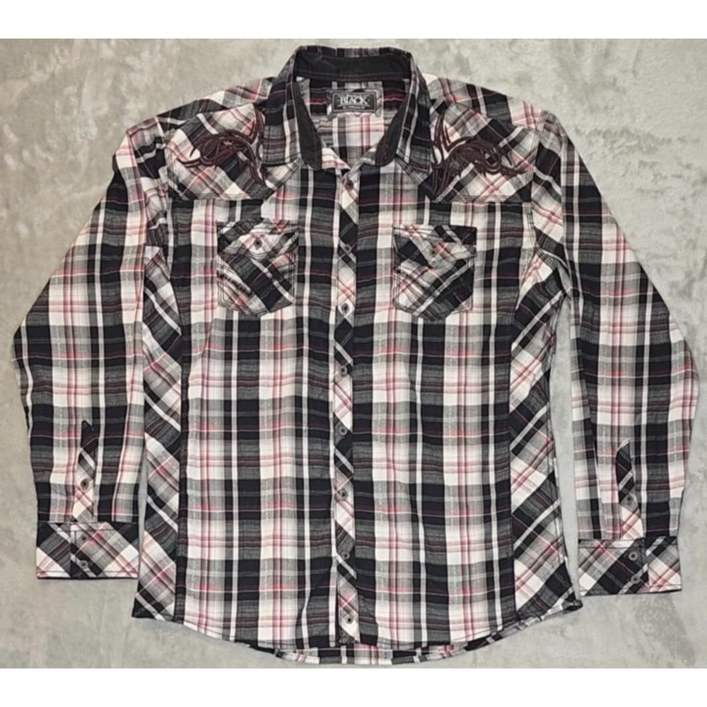 Buckle Black Shirt Mens XL Red Black Plaid Western Chest Pockets Athletic Rodeo